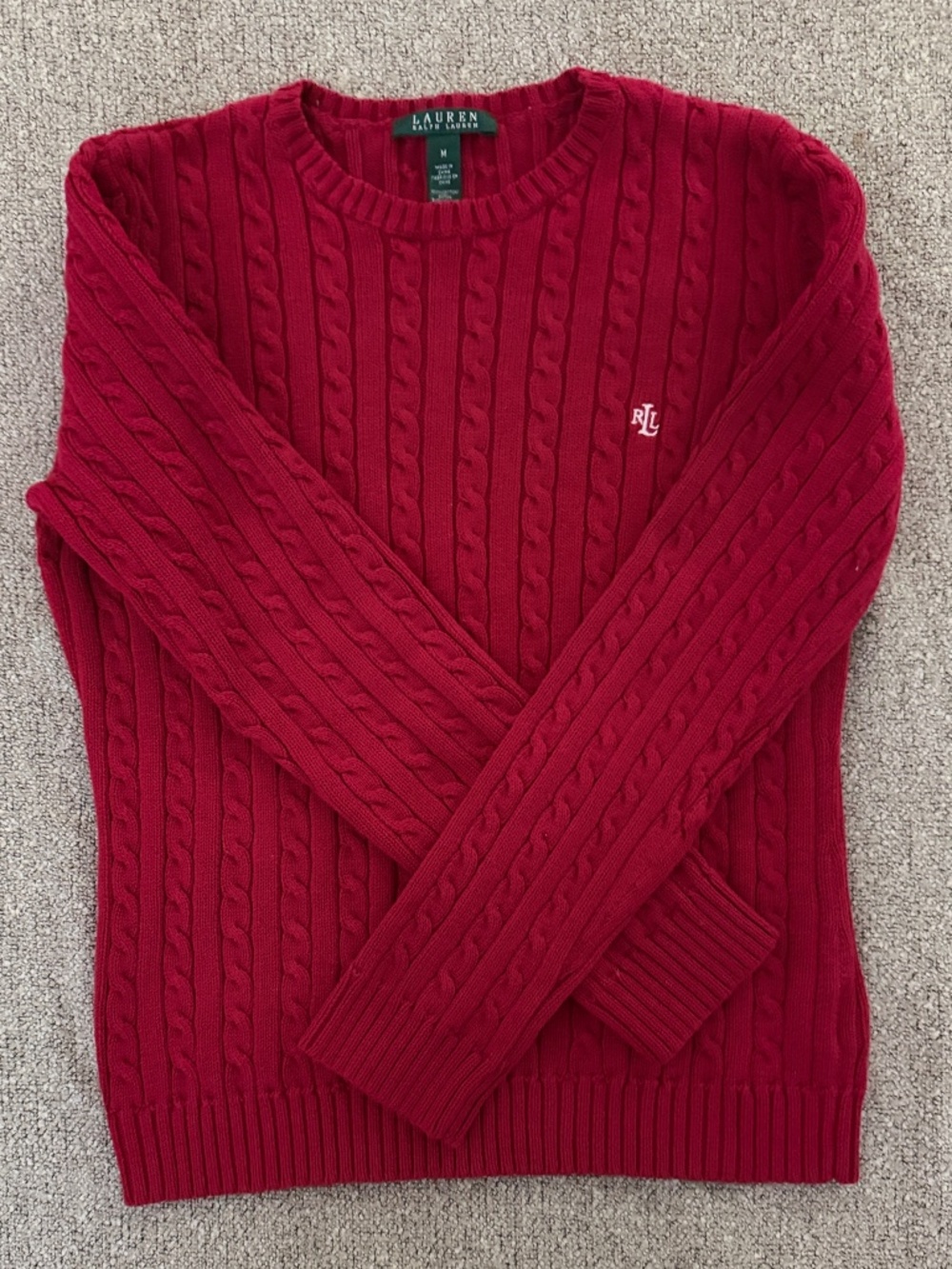 Ralph Lauren Red Cable Knit Sweater Size M White Embroidered RLL Monogram Logo